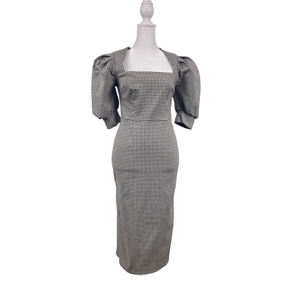 TOPSHOP Womens Size 2 Petite Black White Gingham Sq Neck Puff Sleeve Midi Dress